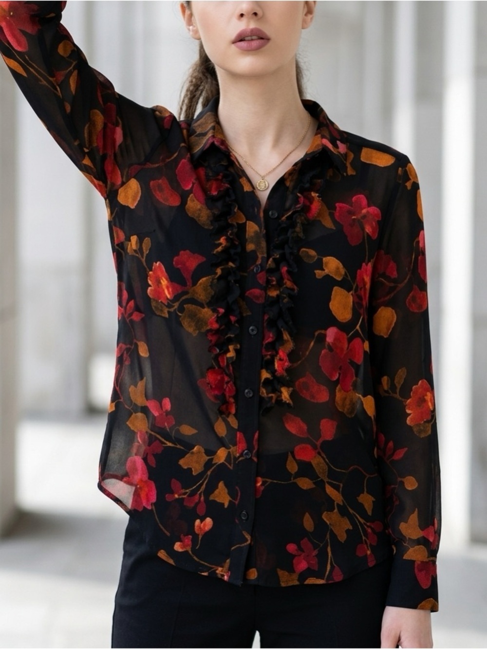 Gabi Sheer Floral Blouse Black Red Gold Ruffle Button Down Top Y2K Fall - Picture 1 of 15